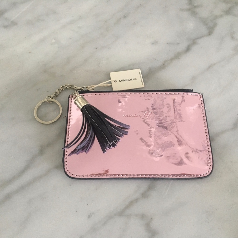 NEW w/tag: Shiny pink metallic mini-wallet w/zip, card pocket, key chain, tassel